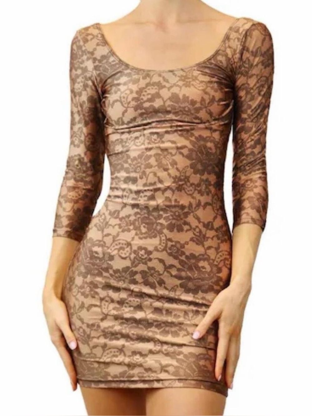 American Apparel Brown Lace-Print Long Sleeve Bodycon Dress